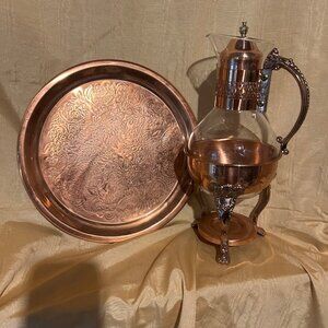 Vintage Princess House Copper  Carafe  with warmer stand  and  matching tray